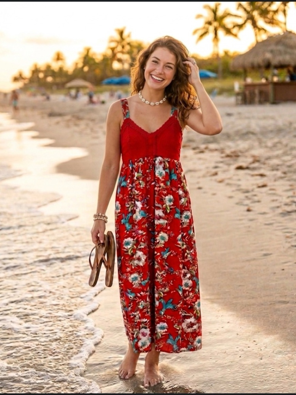 SOLITAIRE BY ANTHROPOLOGY MAXI FLORAL DRESS CROCHET TOP RED SIZE L c2